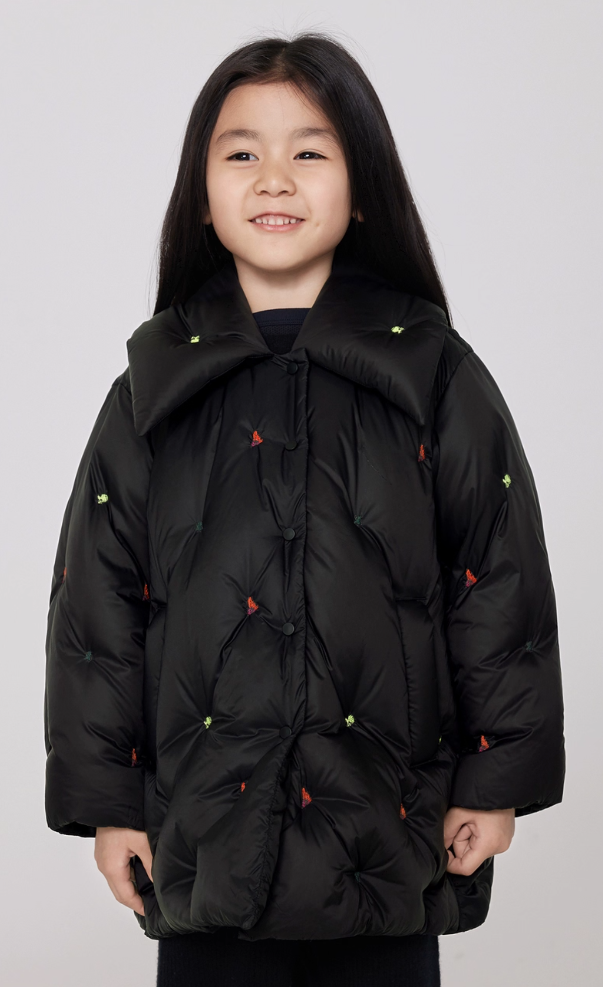 Children’s Down Coat – 90% White Duck Down, Mid-length, Turn-down Collar, Warm-keeping