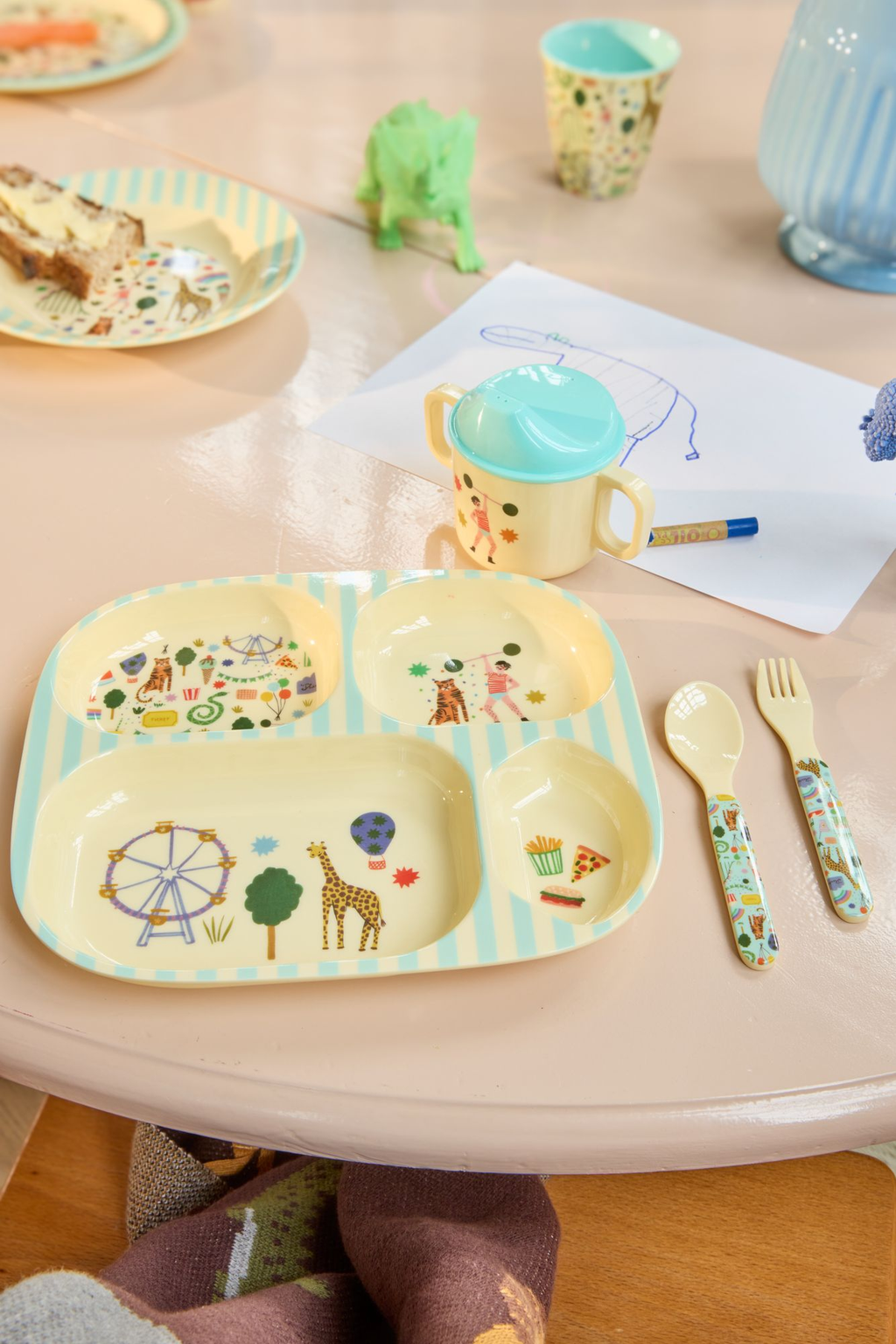 Melamine Baby Dinner Set in Gift Box - Fun Fair Print - Mint - 4 pcs