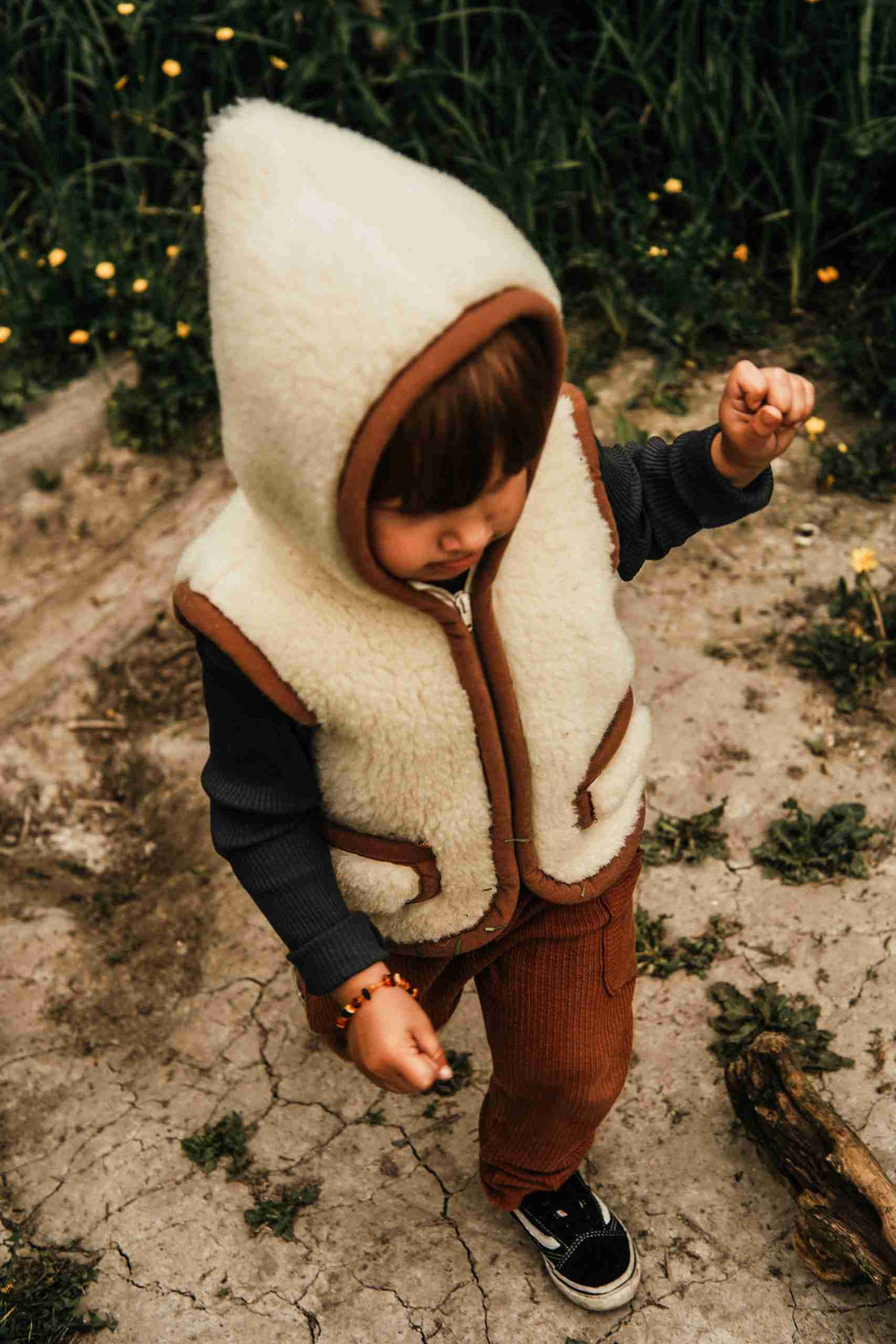 Wollen bodywarmer - Flat White met capuchon