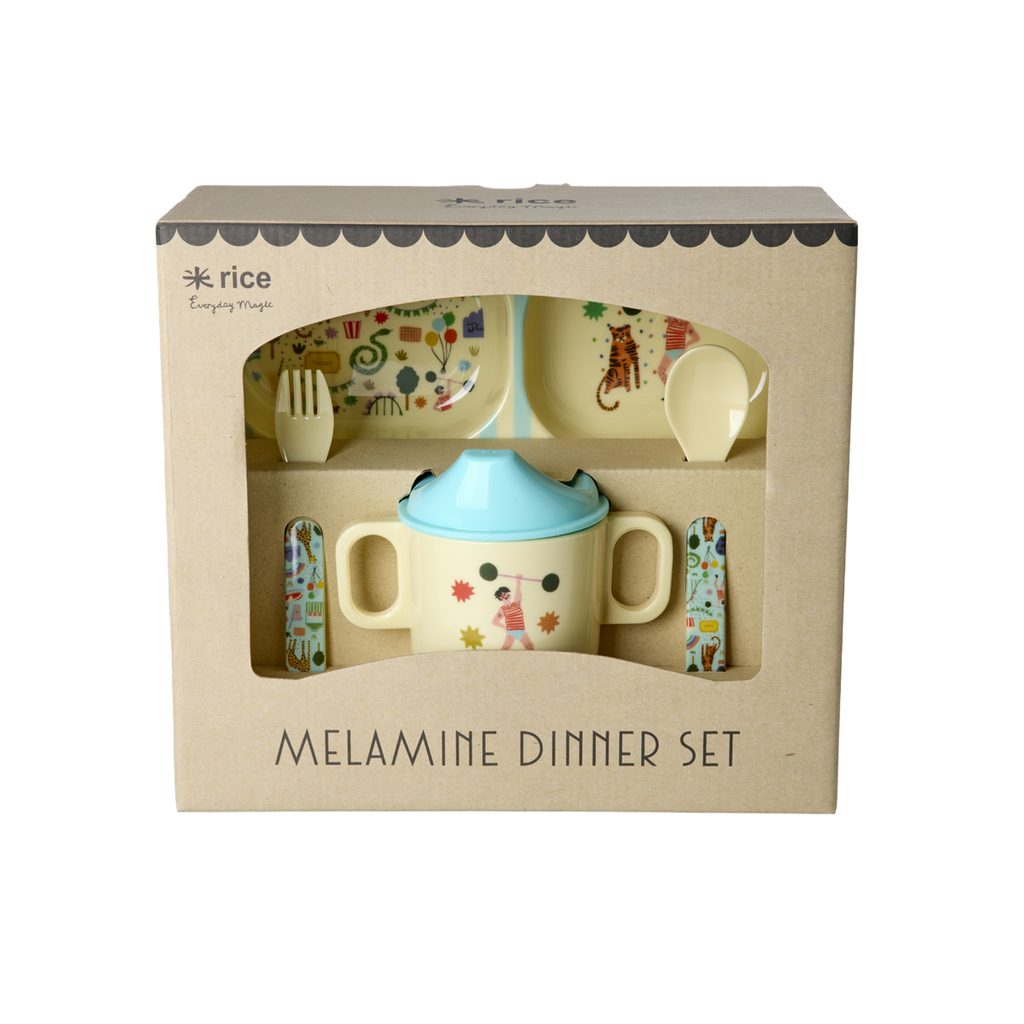 Melamine Baby Dinner Set in Gift Box - Fun Fair Print - Mint - 4 pcs